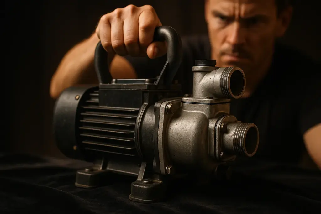 A hand grips a heavy-duty water extraction pump on a black surface, symbolizing determination in post-flood recovery.