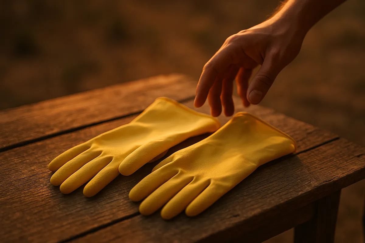 A hand reaches for sturdy rubber gloves on a weathered table, symbolizing readiness for post-flood recovery.