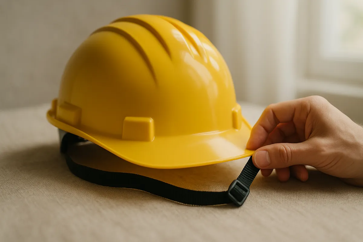 A bright yellow safety helmet on linen, with a hand adjusting its strap, symbolizing preparedness for recovery.
