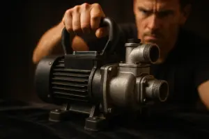 A hand grips a heavy-duty water extraction pump on a black surface, symbolizing determination in post-flood recovery.